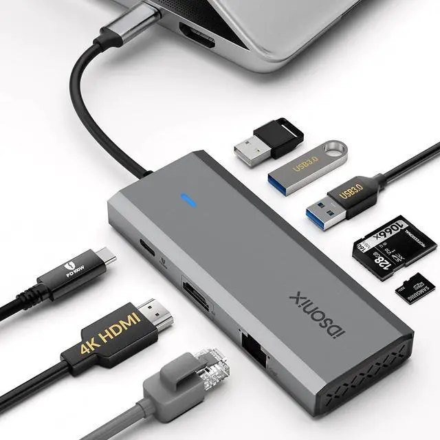 Main image of Docking Station - iDsonix 8 in 1 USB C Hub Aluminum Multiport Adapter with HDMI 4K@60Hz, PD 100W, 1Gigabit Ethernet, SD/TF Card Reader for MacBook Air/Pro iPad Dell/Hp Laptop and More