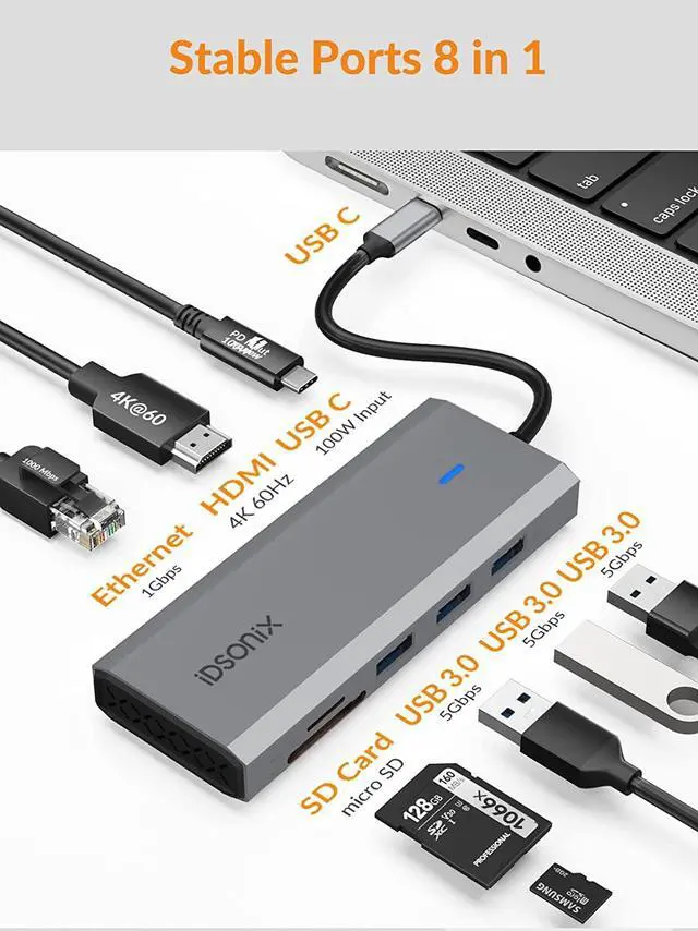 Alt view image 2 of 7 - Docking Station - iDsonix 8 in 1 USB C Hub Aluminum Multiport Adapter with HDMI 4K@60Hz, PD 100W, 1Gigabit Ethernet, SD/TF Card Reader for MacBook Air/Pro iPad Dell/Hp Laptop and More