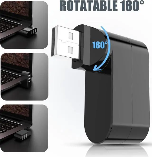 Alt view image 2 of 7 - USB Port Splitter, PANPEO 3 Port USB 2.0 Expander Splitter [90°/180° Degree Rotatable] for Laptop, Xbox, Wii, PS3, PC, MAC, Mac Book, Tablet, Tab, Console, Printer, Camera - Black