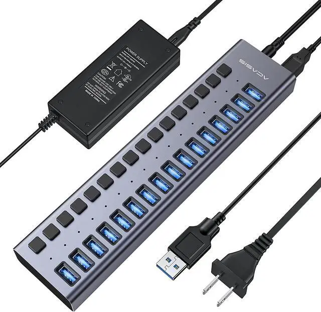 Main image of Powered USB Hub,16 Ports USB 3.0 Data Hub, Individual On/Off Switches, 12V7.5A 90W Power Adapter, USB Hub 3.0 Splitter Extension for MacBook, Mac Pro/Mini, iMac, Surface Pro Laptop/PC