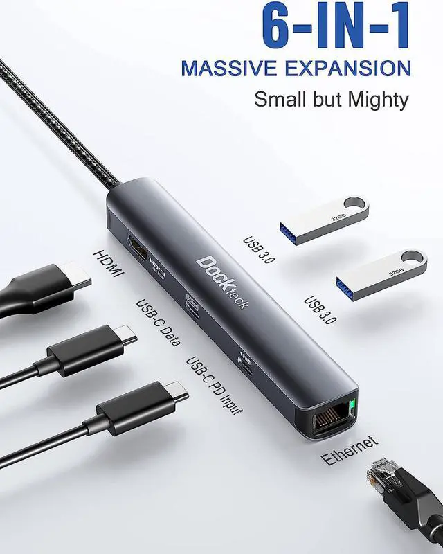 Alt view image 2 of 7 - USB C Hub Ethernet,6 in 1 Laptop Docking Station, Dockteck USB C Multiport Adapter with 4K@60Hz HDMI, 100W PD, 1Gbps LAN, 2 USB 3.0 for MacBook Pro/Air, Surface Pro, XPS and More
