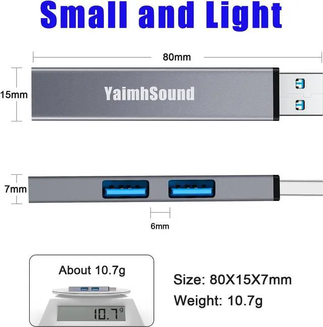 Alt view image 7 of 7 - USB Hub 3.0,YaimhSound USB Extender Splitter,3-Port USB Adapter to USB Extension for Laptop,Keyborad,Mouse,Xbox,Flash Drive,SSD,Camera(Grey,Aluminum)