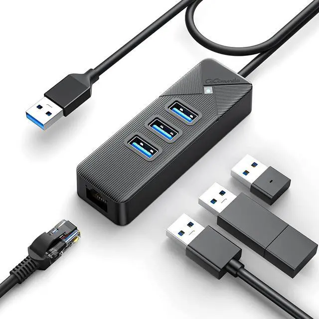 Main image of USB to Ethernet Adapter, USB 3.0 to 10/100/1000 RJ45 Gigabit Ethernet LAN Network Adapter with 3 Ports USB 3.0 Hub, Multi Ports USB Splitter for Laptop, Computer, PC, etc (Balck, 50cm)