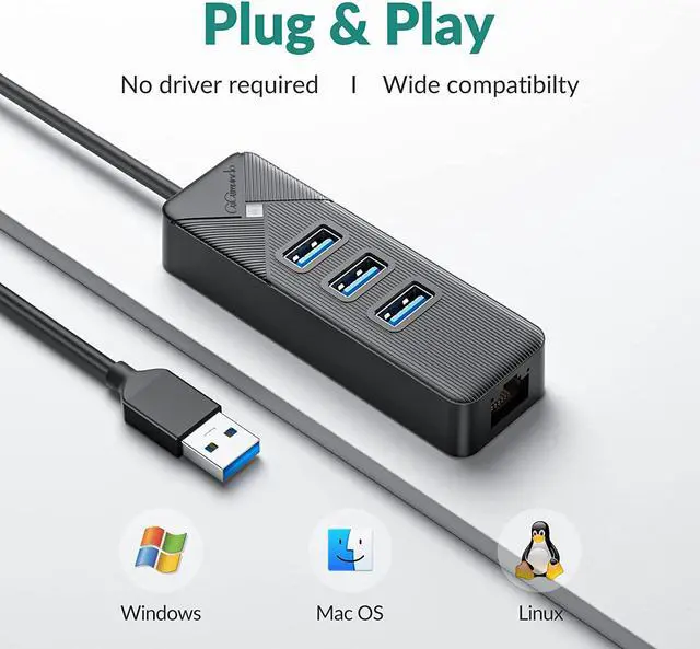 Alt view image 6 of 7 - USB to Ethernet Adapter, USB 3.0 to 10/100/1000 RJ45 Gigabit Ethernet LAN Network Adapter with 3 Ports USB 3.0 Hub, Multi Ports USB Splitter for Laptop, Computer, PC, etc (Balck, 50cm)