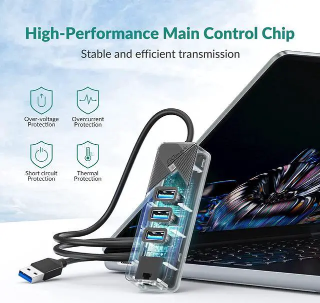Alt view image 7 of 7 - USB to Ethernet Adapter, USB 3.0 to 10/100/1000 RJ45 Gigabit Ethernet LAN Network Adapter with 3 Ports USB 3.0 Hub, Multi Ports USB Splitter for Laptop, Computer, PC, etc (Balck, 50cm)