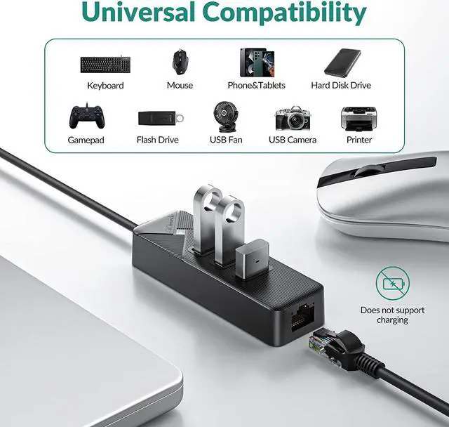 Alt view image 3 of 7 - USB to Ethernet Adapter, USB 3.0 to 10/100/1000 RJ45 Gigabit Ethernet LAN Network Adapter with 3 Ports USB 3.0 Hub, Multi Ports USB Splitter for Laptop, Computer, PC, etc (Balck, 50cm)