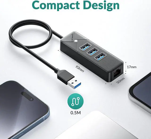 Alt view image 5 of 7 - USB to Ethernet Adapter, USB 3.0 to 10/100/1000 RJ45 Gigabit Ethernet LAN Network Adapter with 3 Ports USB 3.0 Hub, Multi Ports USB Splitter for Laptop, Computer, PC, etc (Balck, 50cm)
