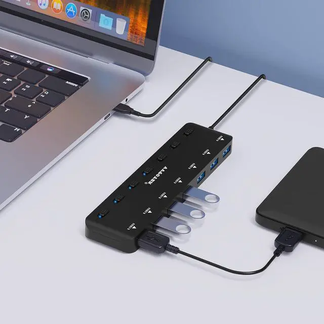 Alt view image 7 of 7 - USB Hub 3.0 Splitter, 7-Port USB Extender for Laptop, VVTOYER USB Multiport Adapter Expander with Individual Power Switch and 3.3ft Long Cable, for MacBook, Mac Pro, Mac Mini, iMac, Surface, PS4, PC