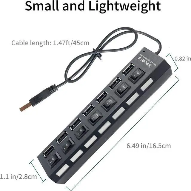 Alt view image 5 of 7 - 7-Port USB Hub 2.0, USB Hub USB Splitter with Individual Switches for Laptop, Computer, Keyboard and Mouse, USB Devices (Black)