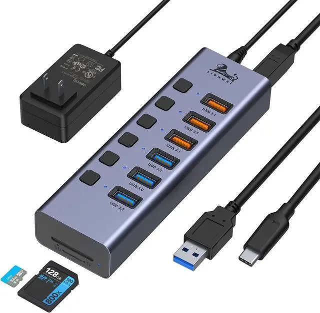 Main image of Powered USB Hub,8-Port USB Splitter with 3*USB 3.1(10Gbps), 3*USB 3.0 Ports, SD/TF Card Readers, Individual Switches, USB 3.0 Hub with 5V/4A DC Power Adapter, Aluminum USB Port Hub for PC and Laptop