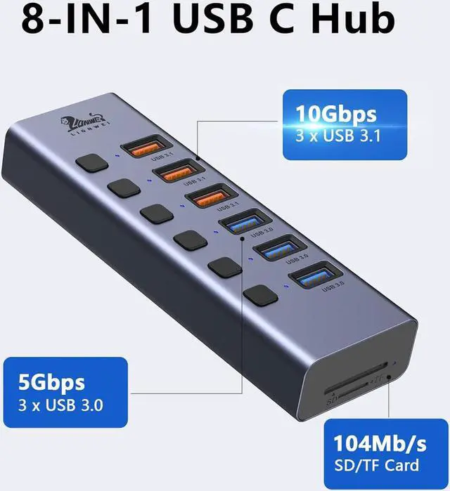 Alt view image 2 of 6 - Powered USB Hub,8-Port USB Splitter with 3*USB 3.1(10Gbps), 3*USB 3.0 Ports, SD/TF Card Readers, Individual Switches, USB 3.0 Hub with 5V/4A DC Power Adapter, Aluminum USB Port Hub for PC and Laptop