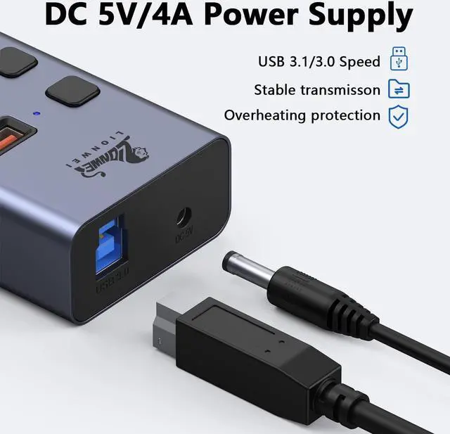 Alt view image 4 of 6 - Powered USB Hub,8-Port USB Splitter with 3*USB 3.1(10Gbps), 3*USB 3.0 Ports, SD/TF Card Readers, Individual Switches, USB 3.0 Hub with 5V/4A DC Power Adapter, Aluminum USB Port Hub for PC and Laptop