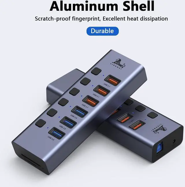 Alt view image 5 of 6 - Powered USB Hub,8-Port USB Splitter with 3*USB 3.1(10Gbps), 3*USB 3.0 Ports, SD/TF Card Readers, Individual Switches, USB 3.0 Hub with 5V/4A DC Power Adapter, Aluminum USB Port Hub for PC and Laptop