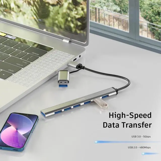Alt view image 2 of 4 - 7 USB Hub  Built in USB A Port & USB C to USB Adapter Multiple USB Port for PC, Mac,MacBook Pro, iMac & Desktop - Aluminium Alloy Portable Extra USB Port & Mini USB Hub (7 Ports)