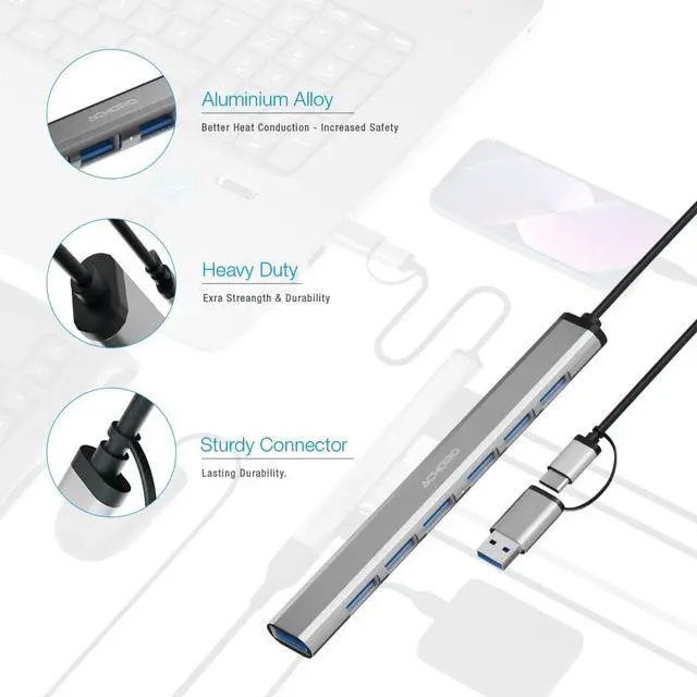Alt view image 4 of 4 - 7 USB Hub  Built in USB A Port & USB C to USB Adapter Multiple USB Port for PC, Mac,MacBook Pro, iMac & Desktop - Aluminium Alloy Portable Extra USB Port & Mini USB Hub (7 Ports)