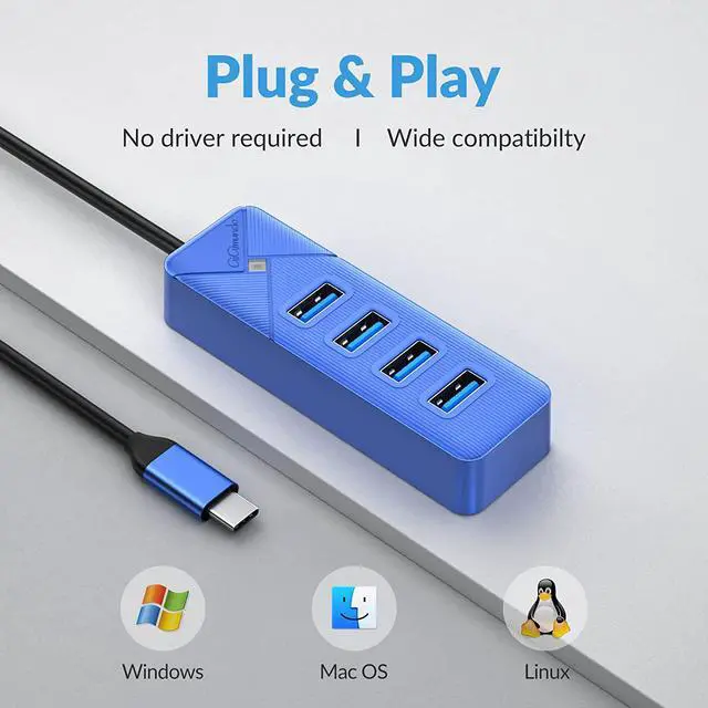 Alt view image 3 of 7 - 4-Port USB C to USB Adapter, USB C Hub 3.0 for Laptop, 5Gbps USB Multiport Adapter for Mac, MacBook Air Pro, PC, Compatible with Windows, Mac OS, Linux (Blue, 15cm)