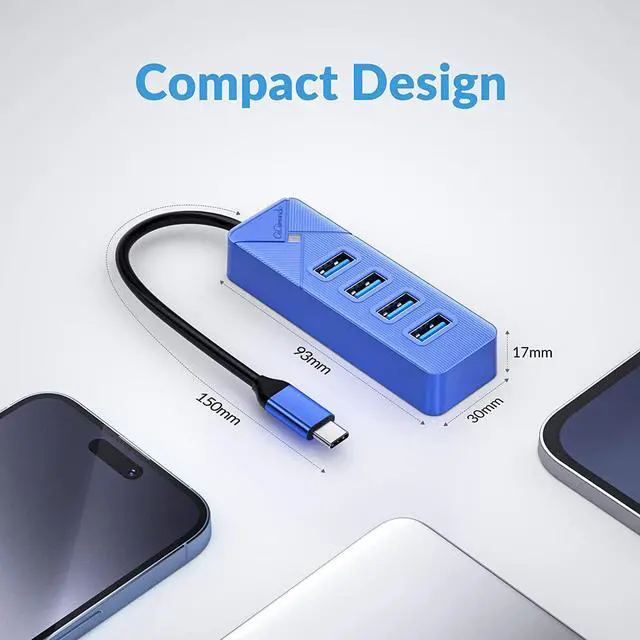 Alt view image 7 of 7 - 4-Port USB C to USB Adapter, USB C Hub 3.0 for Laptop, 5Gbps USB Multiport Adapter for Mac, MacBook Air Pro, PC, Compatible with Windows, Mac OS, Linux (Blue, 15cm)