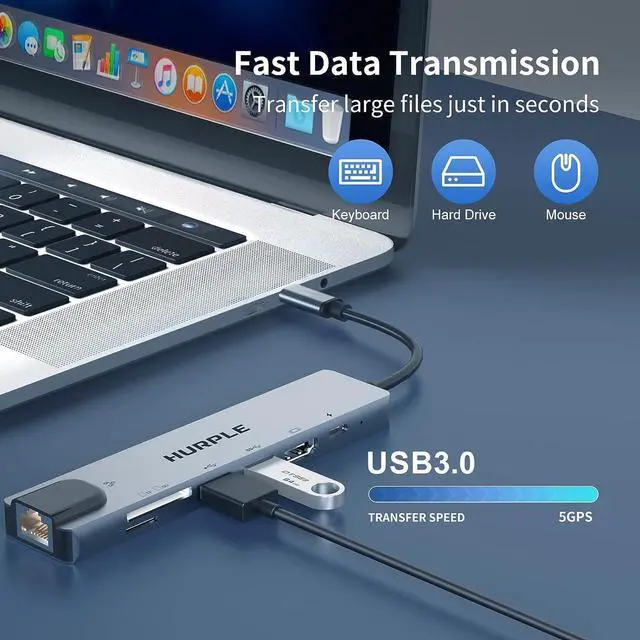 Alt view image 5 of 7 - USB C Hub, 7-in-1 USB C Hub Multiport Adapter with USB C to HDMI, RJ45 Ethernet, 100W Power Delivery, USB 3.0 and SD/TF Card Reader, Hurple USB-C Hub for MacBook Pro, iPad Pro, Type C Devices and More
