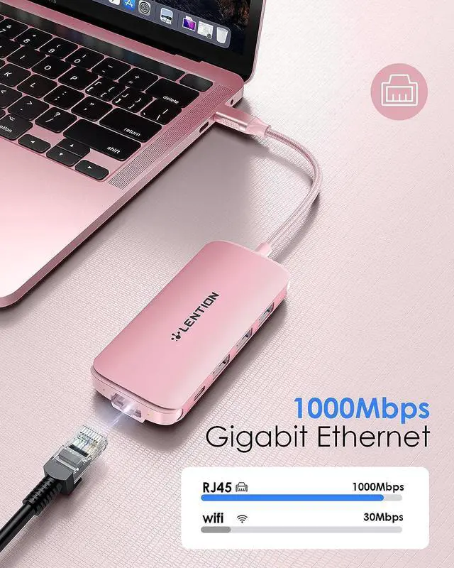 Alt view image 2 of 7 - LENTION Ultra-Thin USB C Hub with Ethernet, 4K HDMI, USB 3.0/2.0, Card Readers & PD Adapter for 2023-2016 MacBook Pro 13/14/15/16/M1/M2, New Mac Air & Surface, Chromebook, More (CB-C48, Rose Gold)