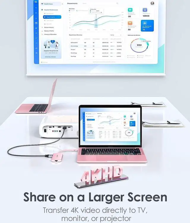 Alt view image 4 of 7 - LENTION Ultra-Thin USB C Hub with Ethernet, 4K HDMI, USB 3.0/2.0, Card Readers & PD Adapter for 2023-2016 MacBook Pro 13/14/15/16/M1/M2, New Mac Air & Surface, Chromebook, More (CB-C48, Rose Gold)