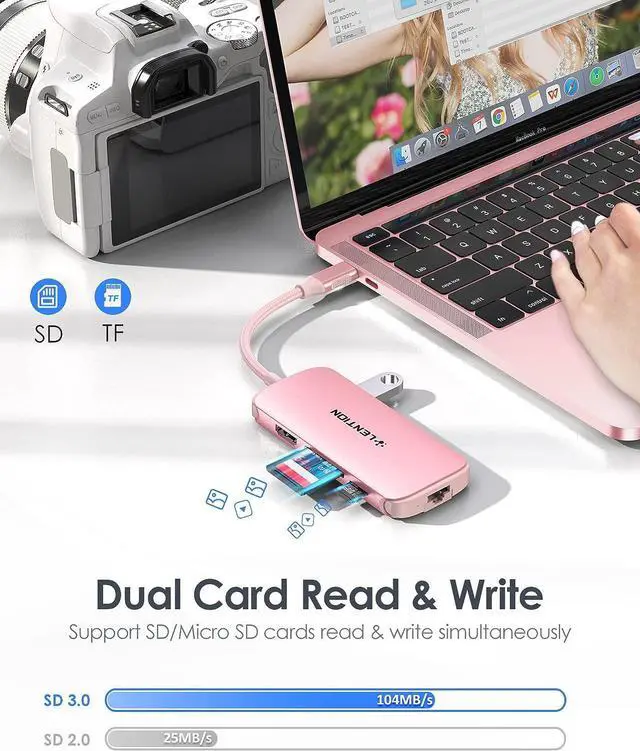 Alt view image 5 of 7 - LENTION Ultra-Thin USB C Hub with Ethernet, 4K HDMI, USB 3.0/2.0, Card Readers & PD Adapter for 2023-2016 MacBook Pro 13/14/15/16/M1/M2, New Mac Air & Surface, Chromebook, More (CB-C48, Rose Gold)