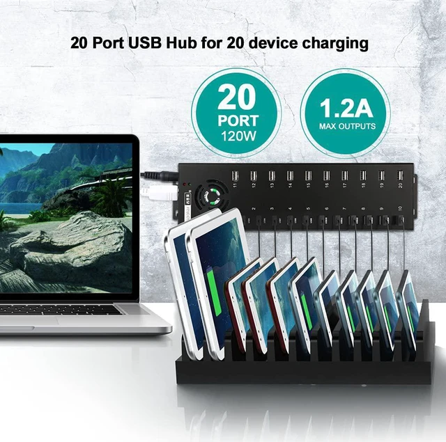Alt view image 2 of 7 - 20 Ports Industiral USB 2.0 HUB - Powered Data and Charging Hub - 12V 10A External Power Adapter - Output of 1.2A Per USB Port - Aluminum Alloy Casing - Mouting Bracket - Led Indicator