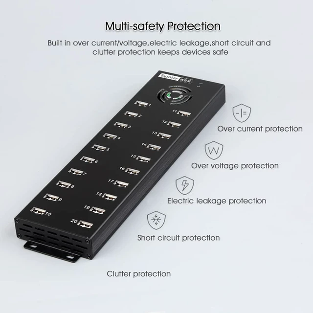 Alt view image 5 of 7 - 20 Ports Industiral USB 2.0 HUB - Powered Data and Charging Hub - 12V 10A External Power Adapter - Output of 1.2A Per USB Port - Aluminum Alloy Casing - Mouting Bracket - Led Indicator
