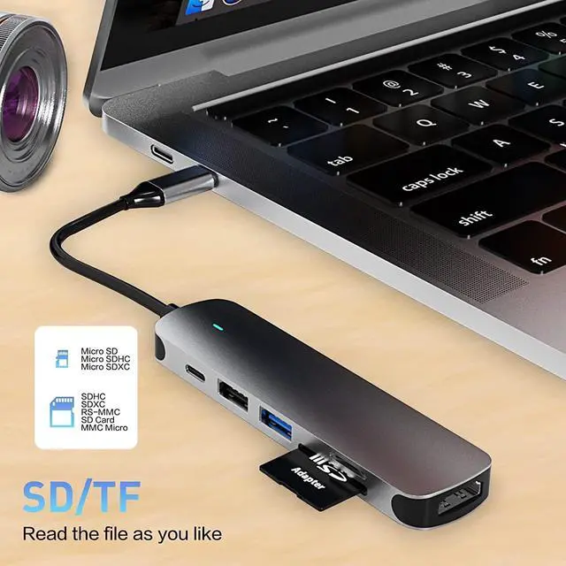Alt view image 6 of 7 - USB C HUB, Docking Station 6 in 1 with USB 3.0 Port, USB-C Port/PD, 4K HDMI and SD/TF Card Reader, USB C Adapter Compatible with MacBook Pro/Air Laptops and Other Type-C Devices