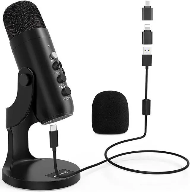 Main image of USB Microphone,Condenser Computer PC Mic,Plug&Play Gaming Microphones for PS 4&5.Headphone Output&Volume Control,Mic Gain Control,Mute Button for Vocal,YouTube Podcast on Mac&Windows(Black)