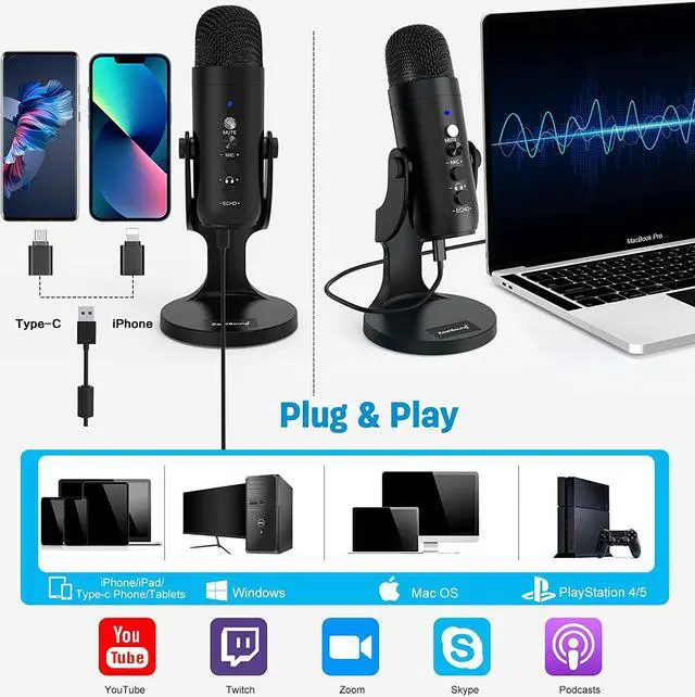 Alt view image 2 of 6 - USB Microphone,Condenser Computer PC Mic,Plug&Play Gaming Microphones for PS 4&5.Headphone Output&Volume Control,Mic Gain Control,Mute Button for Vocal,YouTube Podcast on Mac&Windows(Black)