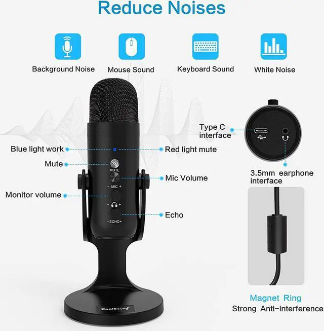 Alt view image 3 of 6 - USB Microphone,Condenser Computer PC Mic,Plug&Play Gaming Microphones for PS 4&5.Headphone Output&Volume Control,Mic Gain Control,Mute Button for Vocal,YouTube Podcast on Mac&Windows(Black)