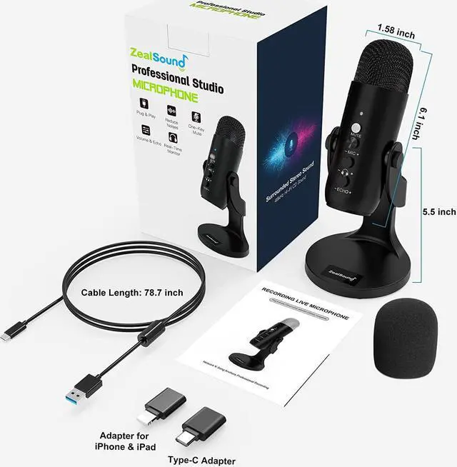 Alt view image 6 of 6 - USB Microphone,Condenser Computer PC Mic,Plug&Play Gaming Microphones for PS 4&5.Headphone Output&Volume Control,Mic Gain Control,Mute Button for Vocal,YouTube Podcast on Mac&Windows(Black)
