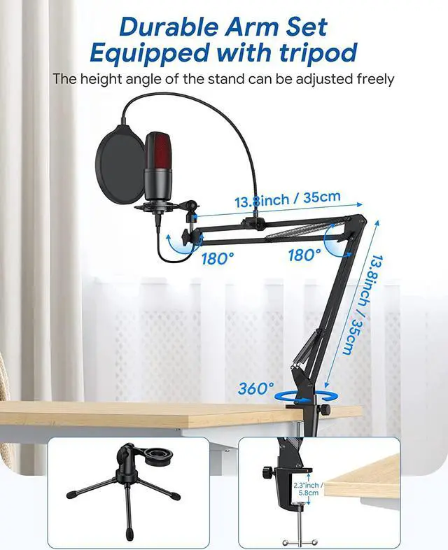 Alt view image 5 of 7 - TECURS USB Microphone, Condenser Microphone Kit for Computer, Podcast Mic Set, PC Condenser Mic with Boom Arm for Gaming,Streaming,YouTube,Recording,Chatting