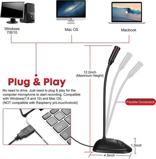 Alt view image 5 of 7 - USB Computer Microphone, Plug&Play Cardioid Condenser PC Laptop Mic, On/Off and Mute Buttons with LED Indicator, Compatible with Windows/Mac, Ideal for YouTube,Zoom,Recording,Games (6ft)