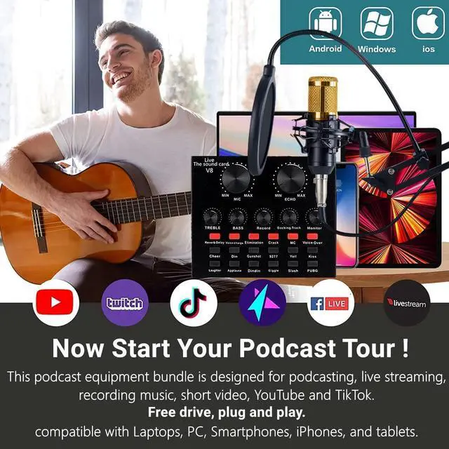 Alt view image 3 of 7 - Podcast Equipment Bundle, BM-800 Mic Kit with Live Sound Card, Adjustable Mic Suspension Scissor Arm, Metal Shock Mount and Double-Layer Pop Filter for Studio Recording & Broadcasting (CF100-Gold)