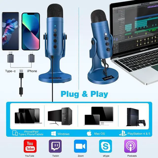 Alt view image 2 of 7 - USB Microphone,Condenser Gaming Mic for Phone/Laptop/PC/PS4/5/Computer,Microphone with Gain Knob,LED Mute,Monitor Volume Adjustment,Stand Base for Streaming, Podcast, Studio Recording (Blue)