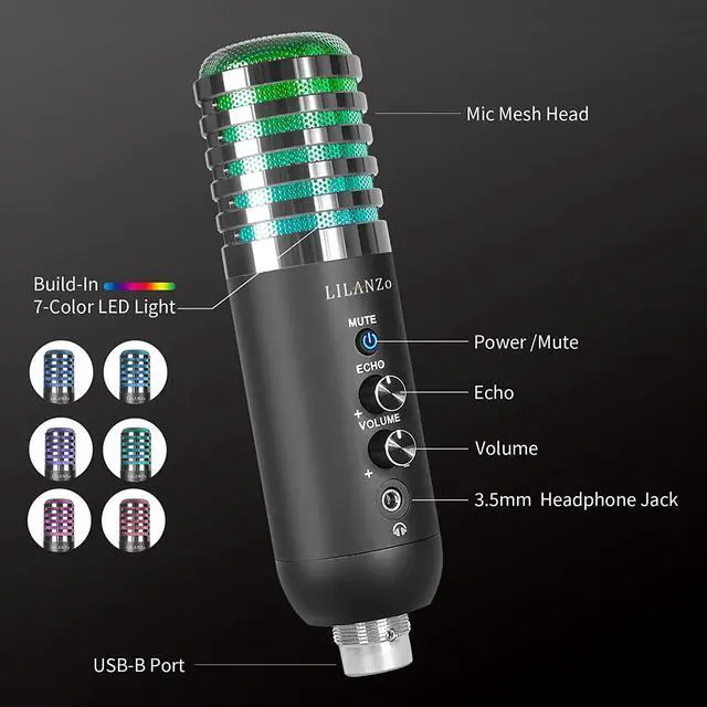 Alt view image 2 of 7 - USB Condenser Microphone for PC PS4, PS5 Streaming Singing Podcast Studio, Computer Cardioid Gaming Mic Kit for Recording YouTube with Boom Arm Stand Pop Filter, Mute Button, Volume, Echo