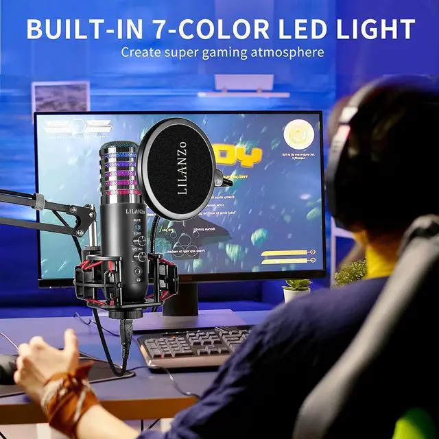 Alt view image 5 of 7 - USB Condenser Microphone for PC PS4, PS5 Streaming Singing Podcast Studio, Computer Cardioid Gaming Mic Kit for Recording YouTube with Boom Arm Stand Pop Filter, Mute Button, Volume, Echo