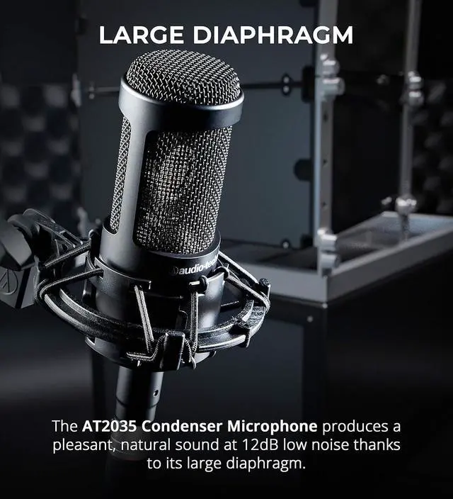 Alt view image 2 of 7 - Audio Technica AT2035 Cardioid Condenser Microphone Perfect for Studio, Podcasting & Streaming, XLR Output Bundle with Blucoil Boom Arm Plus Pop Filter, and 2-Pack of 10-FT Balanced XLR Cables