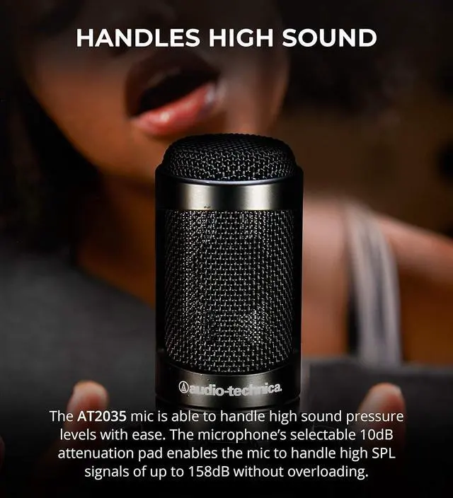 Alt view image 4 of 7 - Audio Technica AT2035 Cardioid Condenser Microphone Perfect for Studio, Podcasting & Streaming, XLR Output Bundle with Blucoil Boom Arm Plus Pop Filter, and 2-Pack of 10-FT Balanced XLR Cables