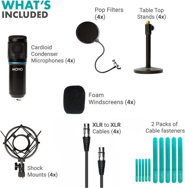 Movo 4-Pack Universal XLR Podcast Microphone Bundle- Includes 4
