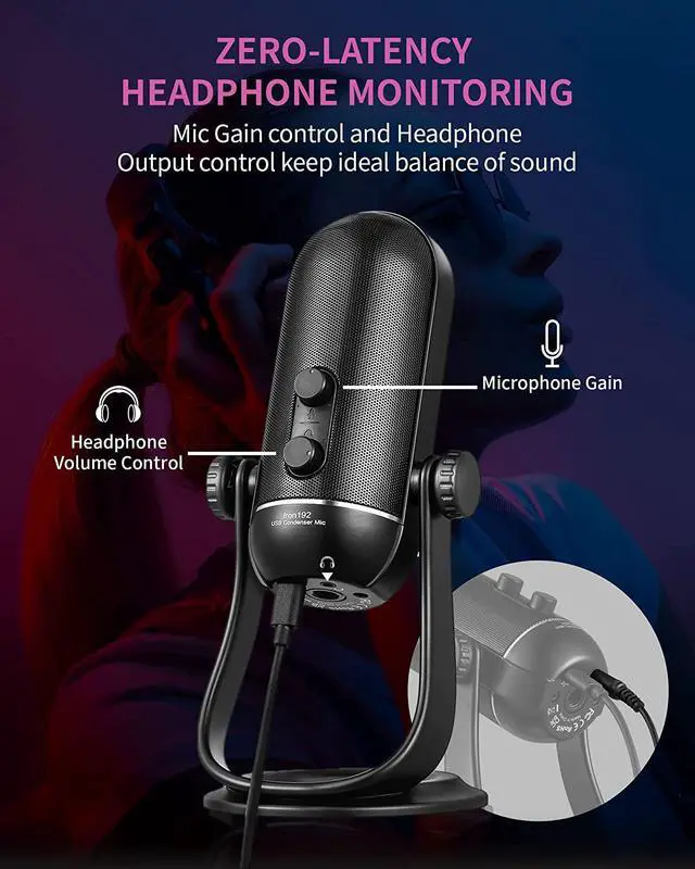 Alt view image 5 of 5 - ALABS Podcast Microphone, 192KHz 24bits USB Mic for Computer, Smartphone with Mic Monitoring and Gain Control Condenser Microphone for Podcast Streaming Recording ASMR Gaming, Iron 192