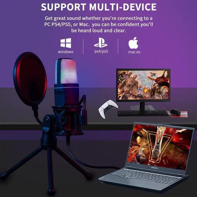 Alt view image 4 of 7 - RGB USB Condenser Microphone Cardioid Gaming Mic SF-666R with Anti-Vibration Shock Mount Pop Filter for Podcast Recording Studio Streaming Laptop Desktop PC PS4 PS5