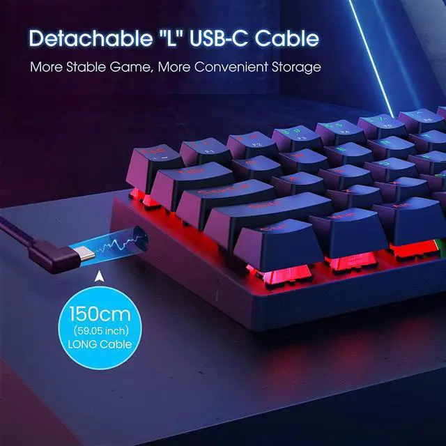 Alt view image 6 of 7 - 60 Percent Wired Gamer Keyboard with Blue Switches,Portable 60% Mechanical Gaming Keyboard,LED Customization Backlit,61 Keys Ultra-Compact Mini Office Keyboard for PC/Mac/Xbox,Easy to Carry On Trip