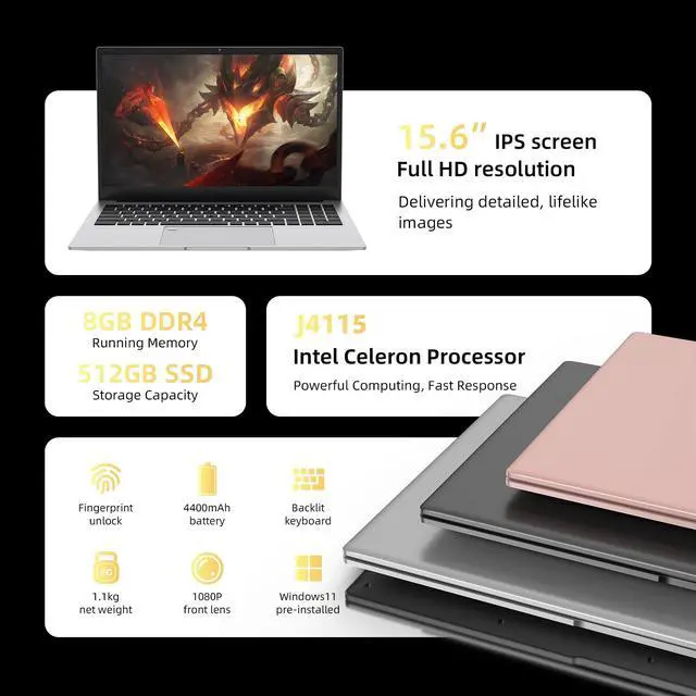Alt view image 5 of 7 - JSHIX  Laptop Windows 11 Pro , 15.6" FHD(1920 x 1080) IPS Display,Intel J4115 CPU Notebook Computer, 8GB RAM DDR4, 256GB SSD,Full Size Backlit Keyboard with Fingerprint Reader,3.3 lbs Gray 256 GB