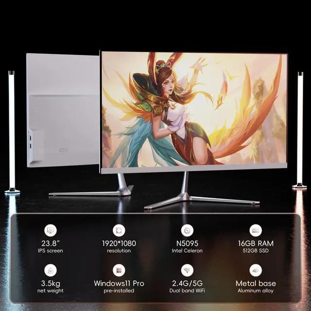 Alt view image 2 of 7 - JSHIX .All-in-One PC .24".  Windows 11 Pro, Intel Celeron Processor N5095,16GB DDR4 RAM 512GB M.2 SSD Desktop Computer, FullHD 1080P IPS  Display ,Wifi, Bluetooth,HDMI,VGA,USB Gift keyboard and mouse