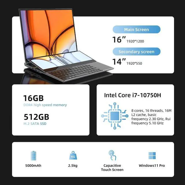 Alt view image 2 of 7 - JSHIX  Business Laptop Windows 11 Pro dual screen,main screen16" and 14"Touchscreen secondary screen Intel Core i7 10th Gen 10875H (2.50GHz) 16GB Memory 512GB PCIe SSD