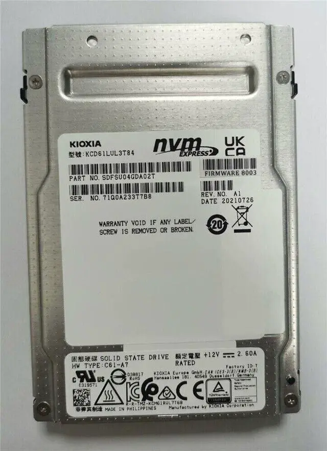 Main image of Kioxia (Toshiba) CD6 3.84TB U.2 SSD 2.5" KCD61LUL3T84 NVME Solid State Drive
