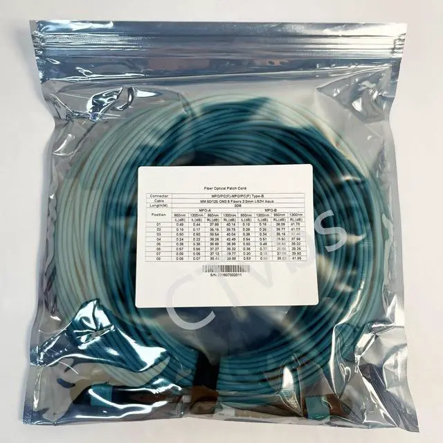 Alt view image 2 of 6 - 30M MPO Cable MM 50/125 OM3 8 Fibers Famale Type B 3mm Optical Fiber Patch Cord