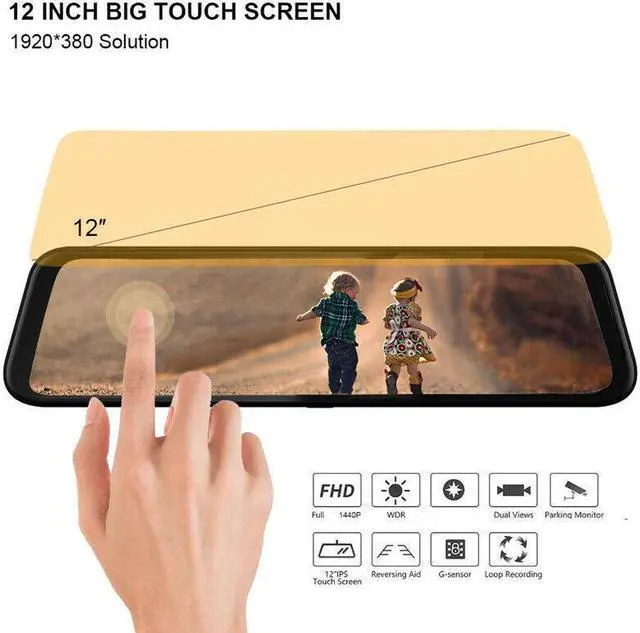 Alt view image 3 of 7 - Car DVR 12" Touch Mirror Dual Lens Dash Cam Video Recorder With Rear View Camera